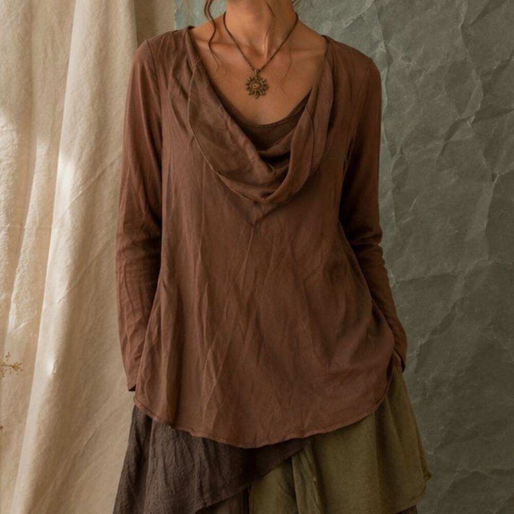 Soft Surroundings Taupe Brown Silk Overlay Cowl Neck Tunic Top Medium